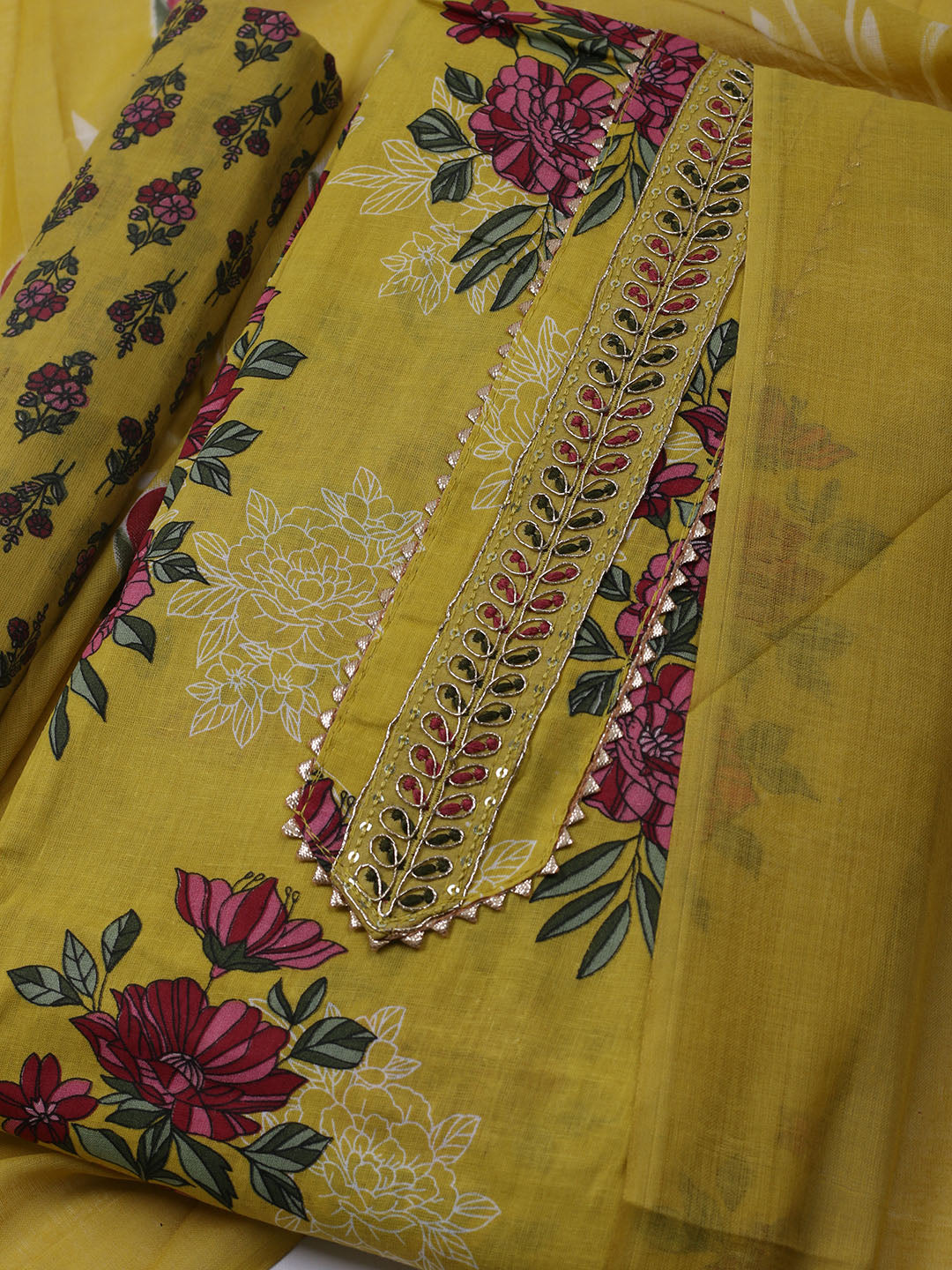 Printed Cotton Blend Unstitched Suit With Dupatta