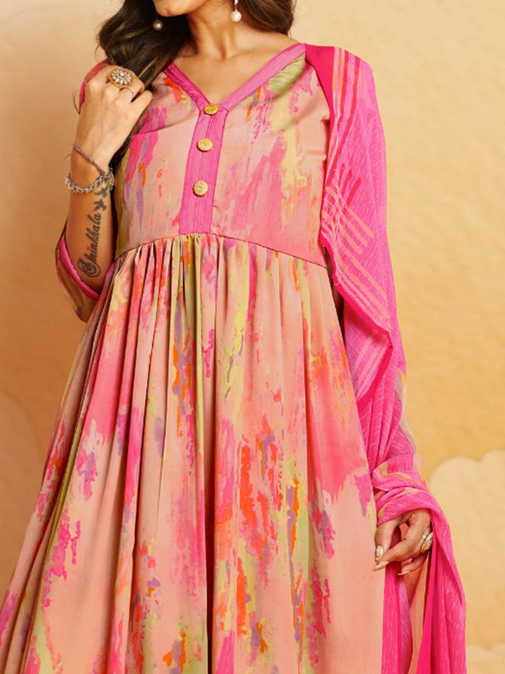 Printed Crepe Unstitched Suit With Pant &amp; Dupatta