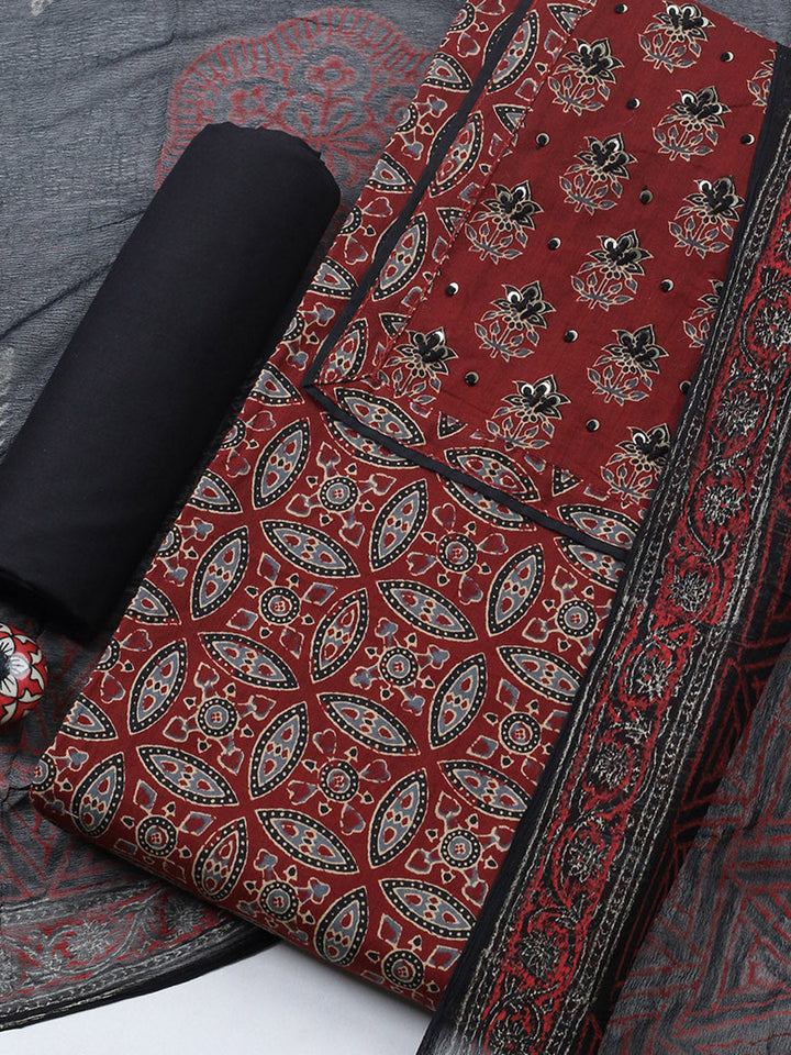 Printed Cotton Blend Unstitched Suit With Pant &amp; Dupatta