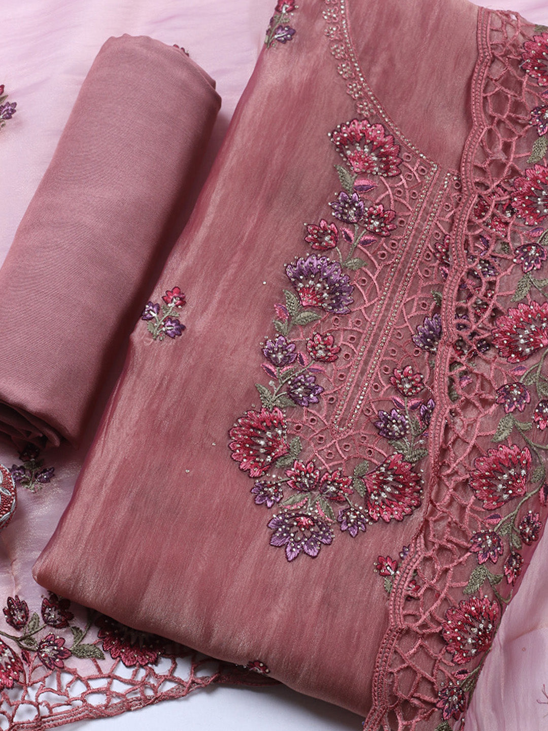 Embroidered Tissue Unstitched Suit With Pant &amp; Dupatta