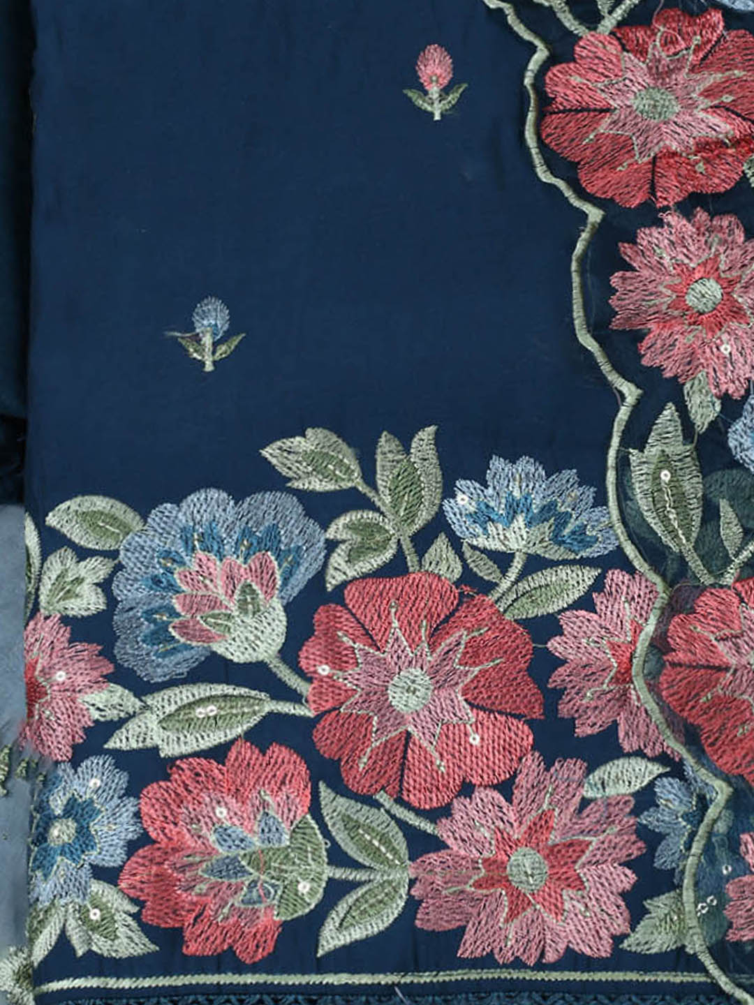 Embroidered Chanderi Unstitched Suit With Pant &amp; Dupatta