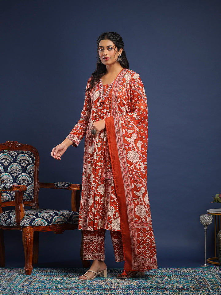 Rust Cotton Blend Printed A Line Suit Set