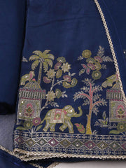 Woven Design Chanderi Navy Blue Unstitched Suit With Pant & Dupatta