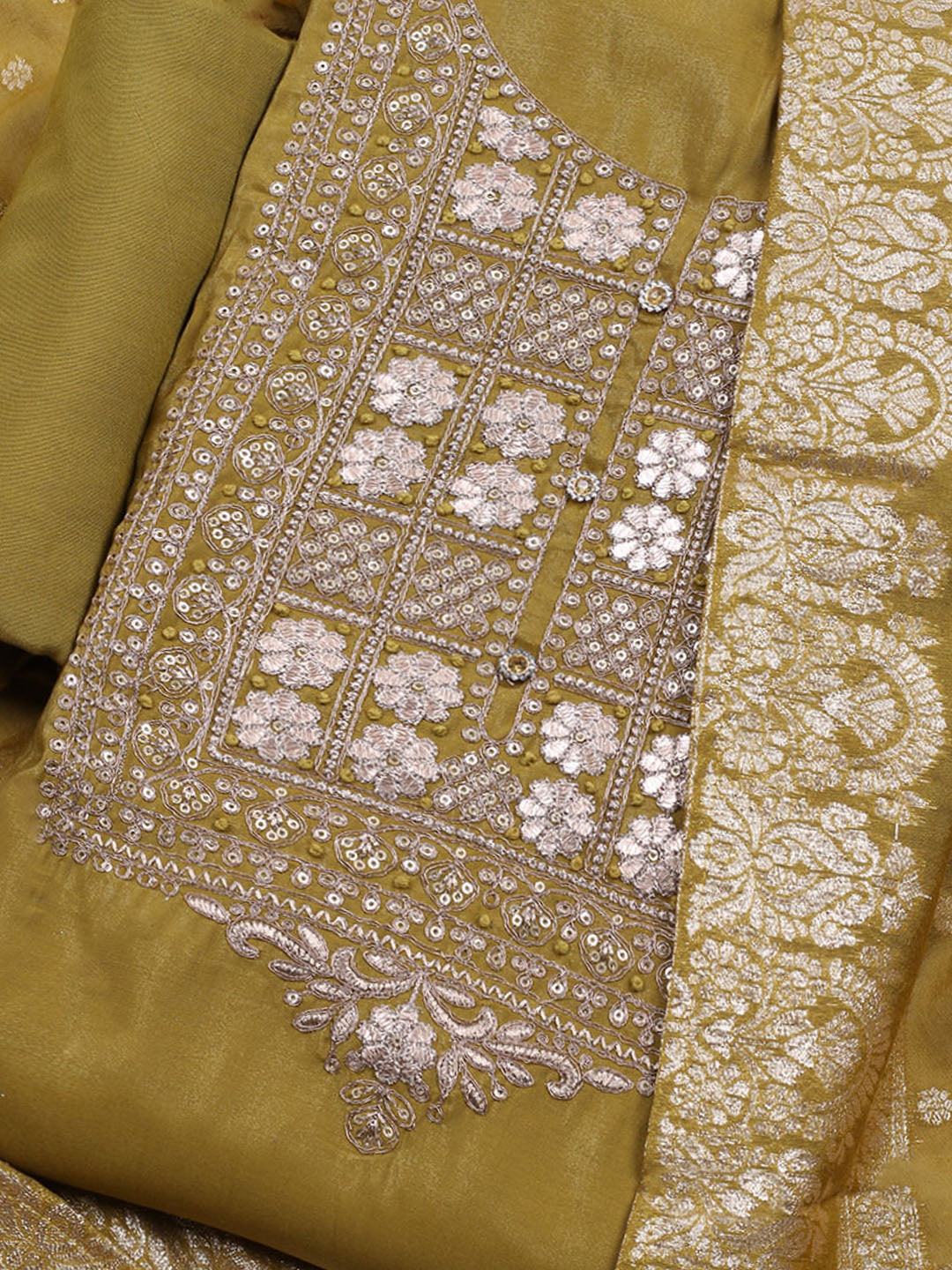 Neck Embroidered Chanderi Unstitched Suit With Dupatta