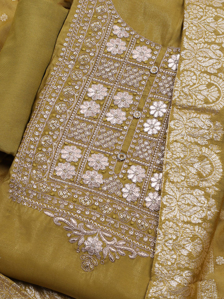 Neck Embroidered Chanderi Unstitched Suit With Dupatta