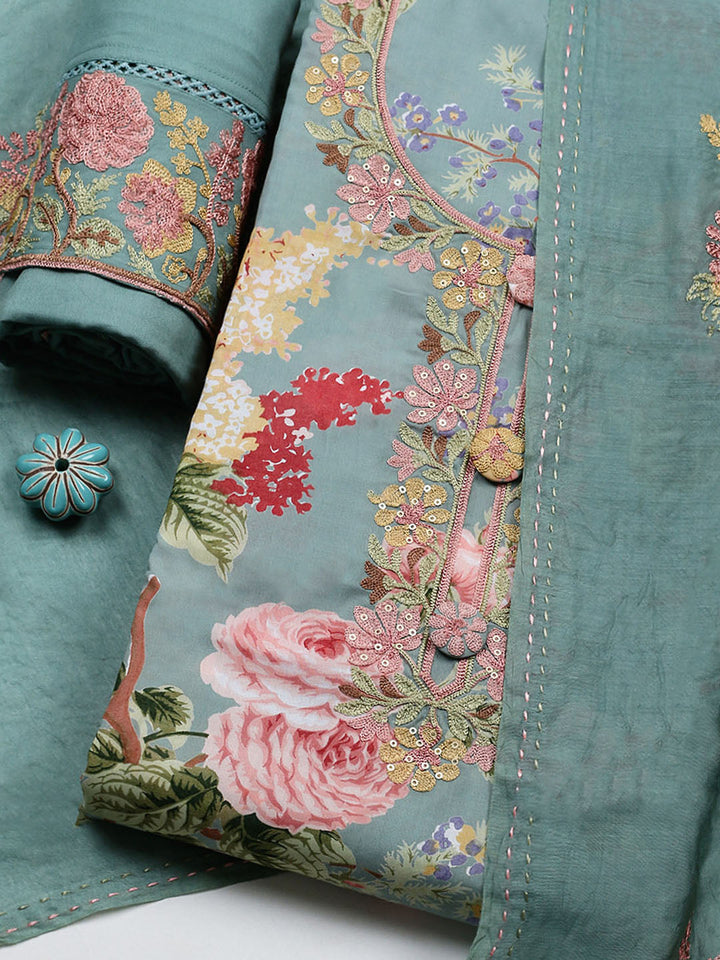 Embroidered Muslin Unstitched Suit With Pant &amp; Dupatta