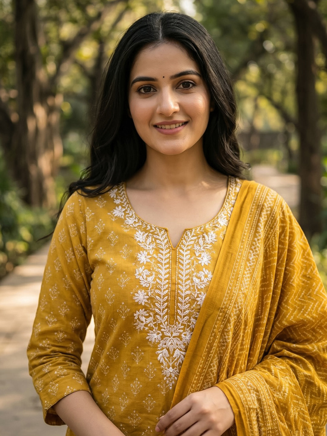 Embroidered Cotton Blend Kurta With Pant &amp; Dupatta