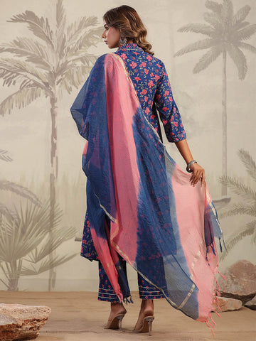 Digital Floral Printed Cotton Blend Kurta With Pants & Dupatta