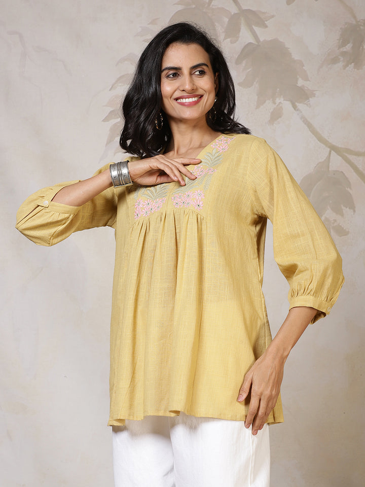 Yellow Cotton Printed Kurti
