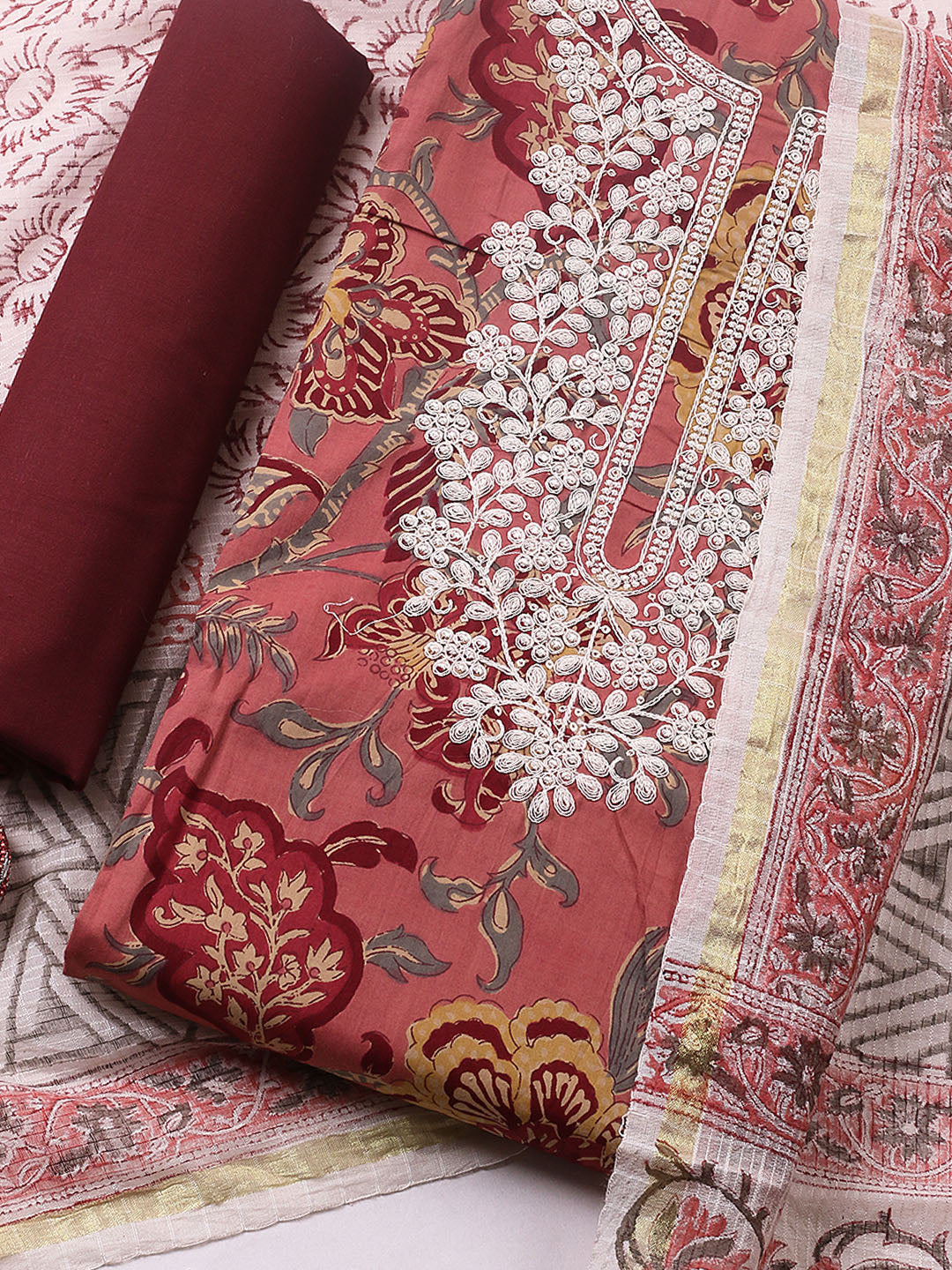 Printed Cotton Blend Unstitched Suit With Pant &amp; Dupatta