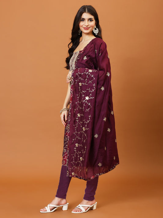 Neck Embroidered Cotton Blend Unstitched Suit Piece With Dupatta