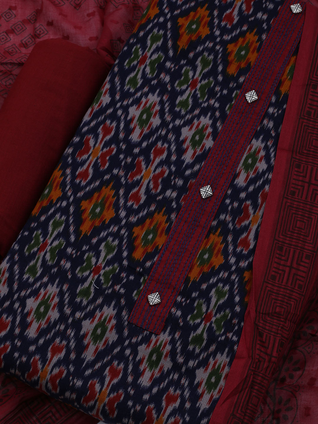 Patch Neck Cotton Blend Unstitched Suit With Dupatta