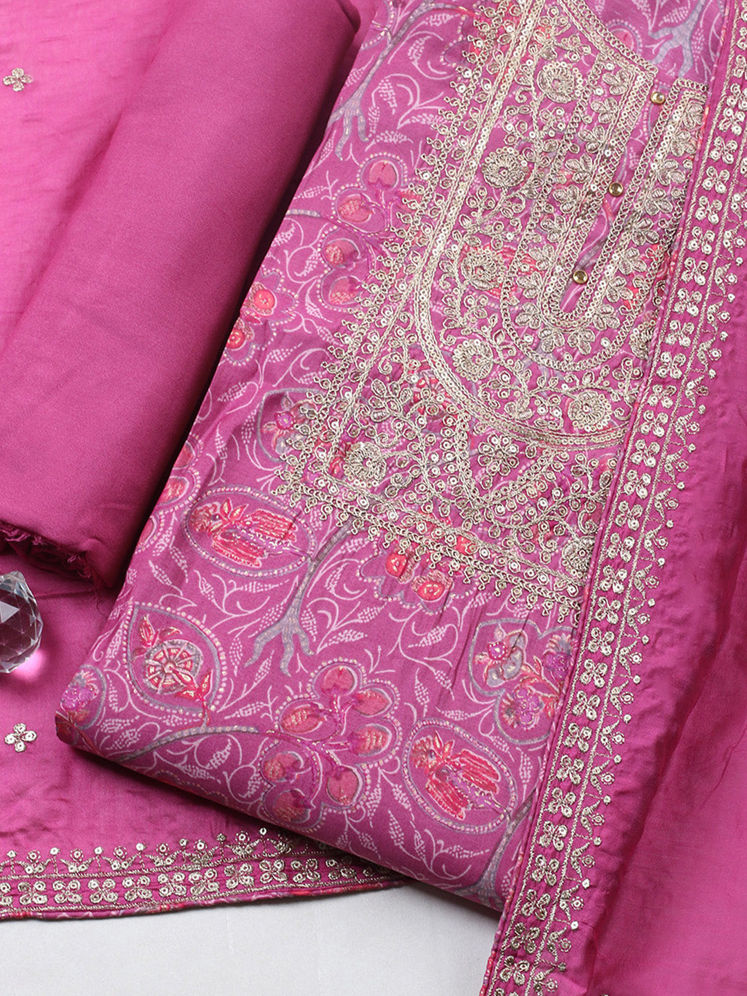 Printed Cotton Blend Unstitched Suit With Pant &amp; Dupatta
