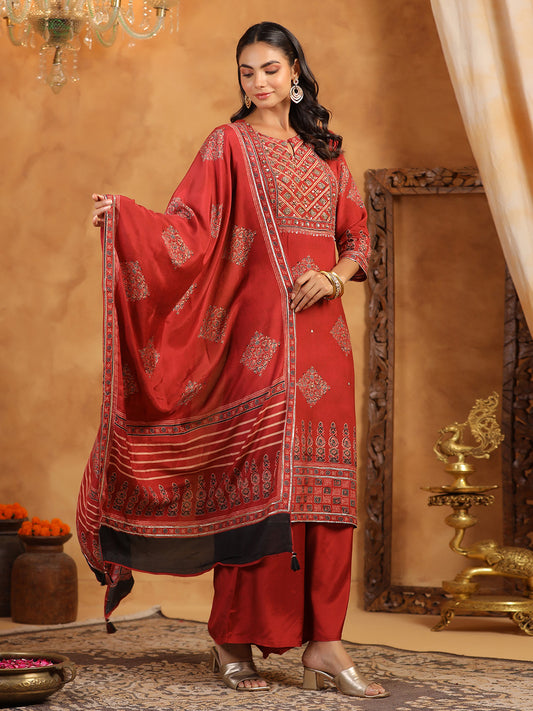 Printed Muslin Kurta With Palazzo & Dupatta