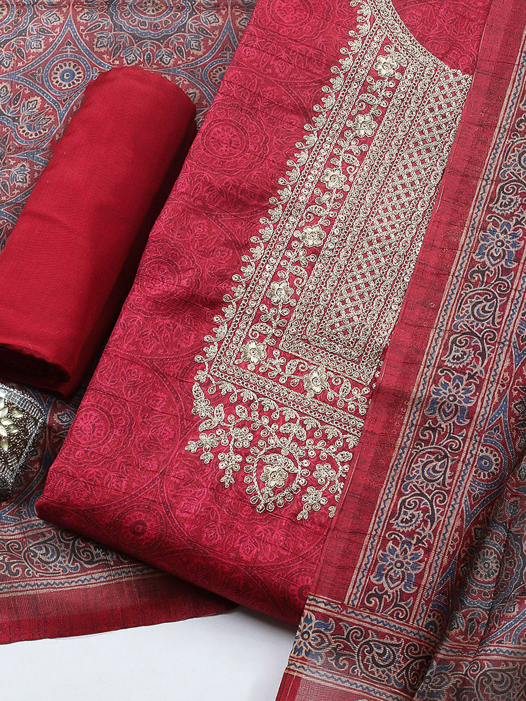 Embroidered Cotton Blend Unstitched Suit With Pant &amp; Dupatta