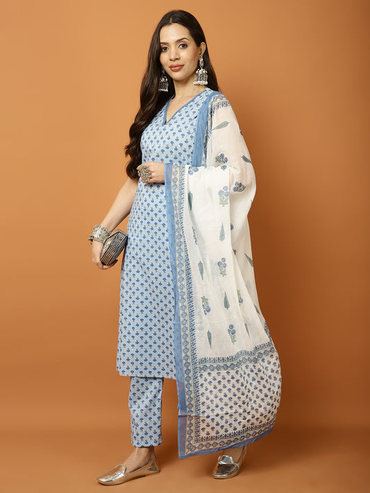 Printed Cotton Blend Suit Set with Dupatta