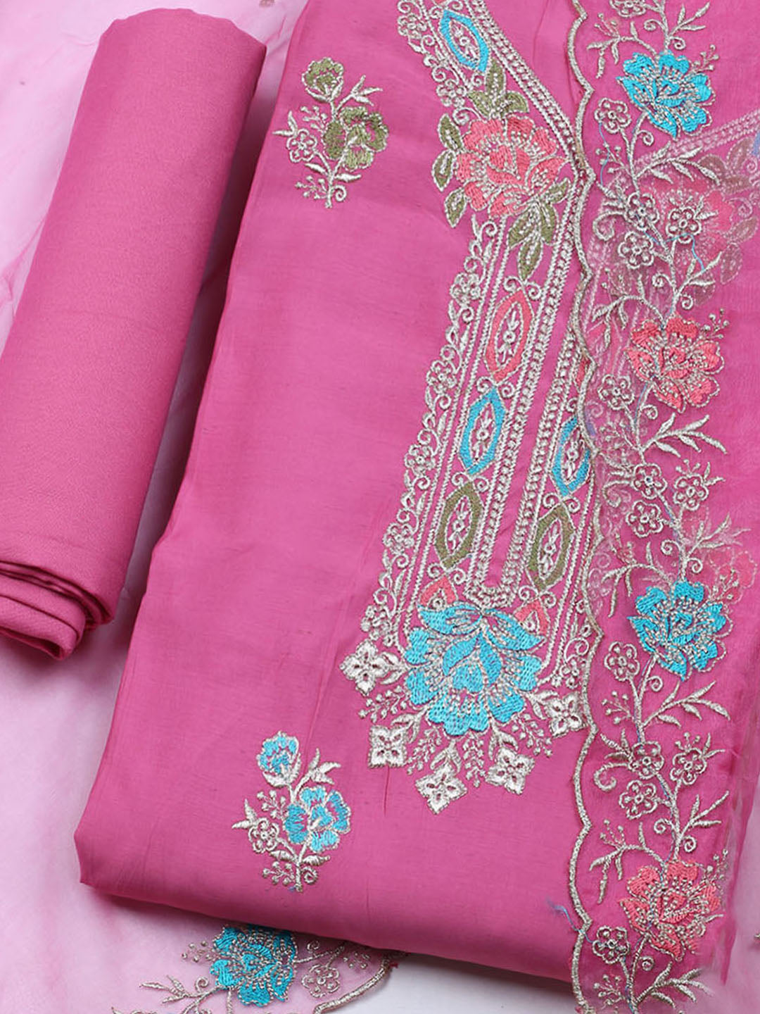 Embroidered Chanderi Unstitched Suit With Dupatta