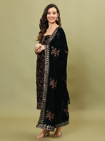 Neck Embroidered Velvet Unstitched Suit Piece With Dupatta