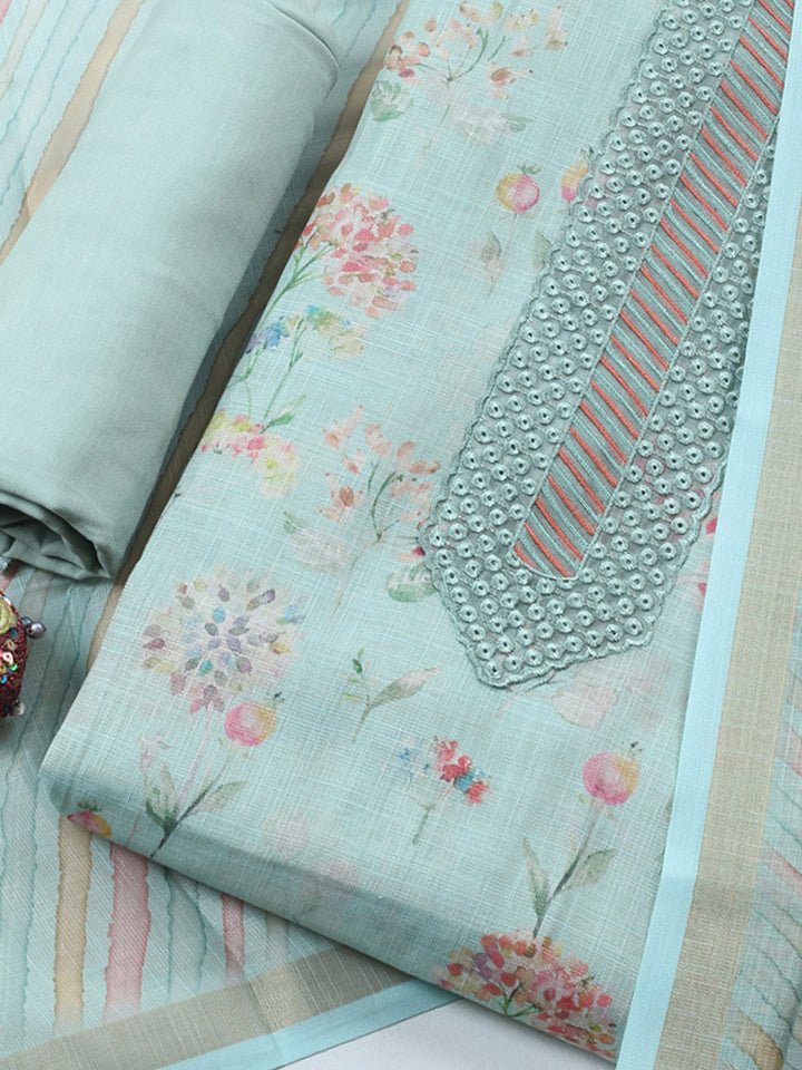 Printed Linen Blend Unstitched Suit With Pant &amp; Dupatta