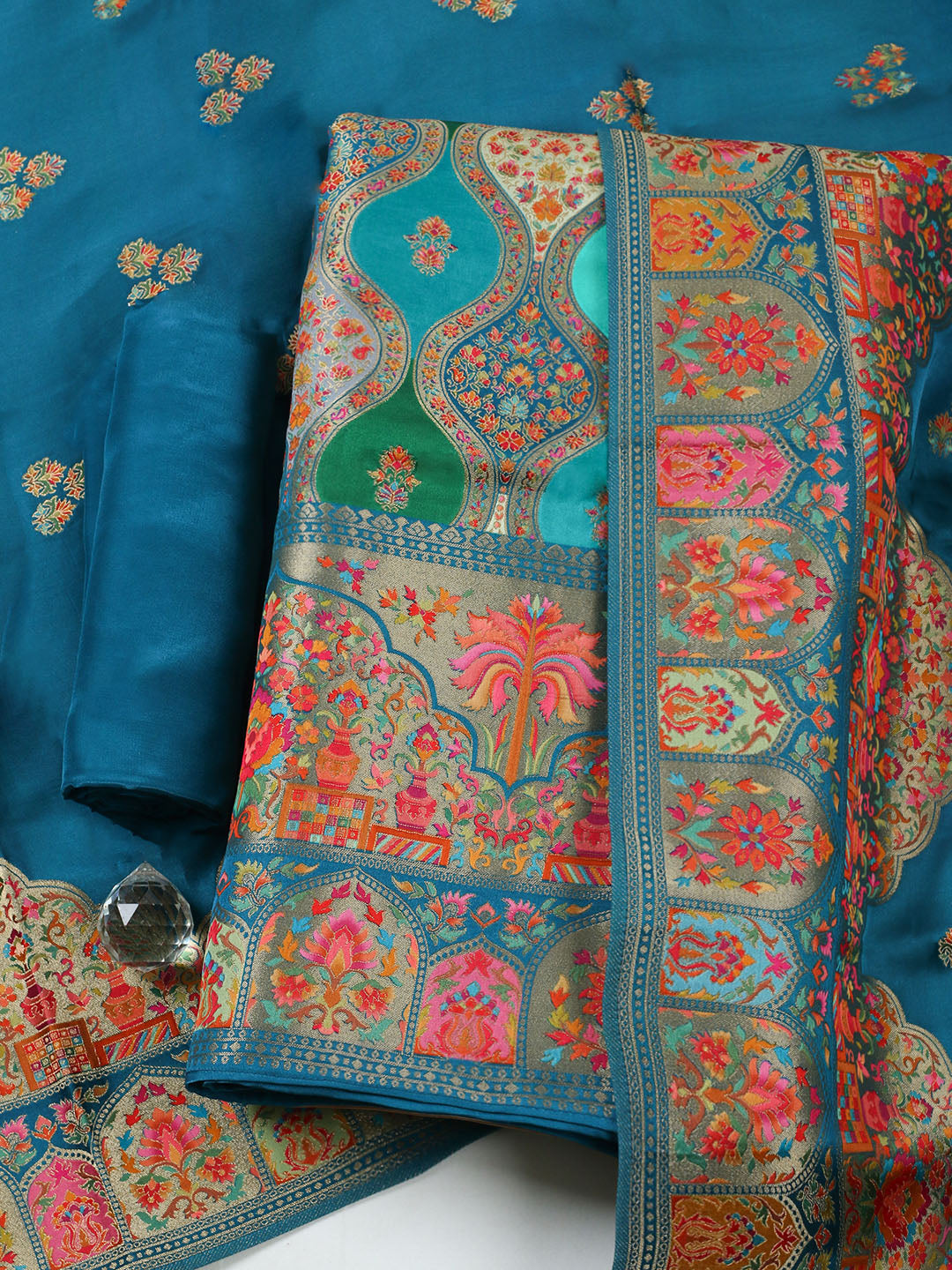 Woven Design Satin Unstitched Suit With Pant &amp; Dupatta