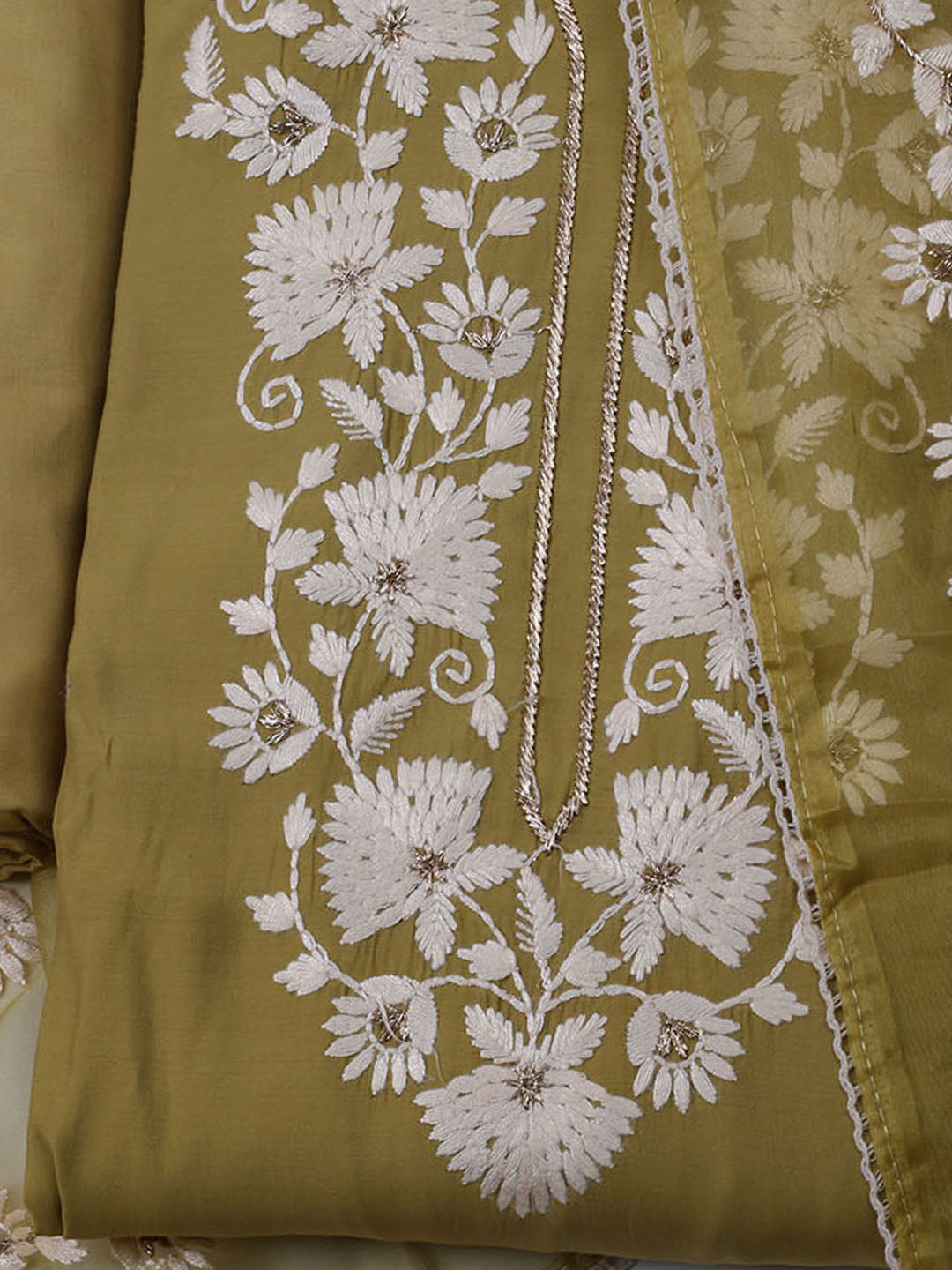 Neck Embroidered Chanderi Unstitched Suit With Dupatta