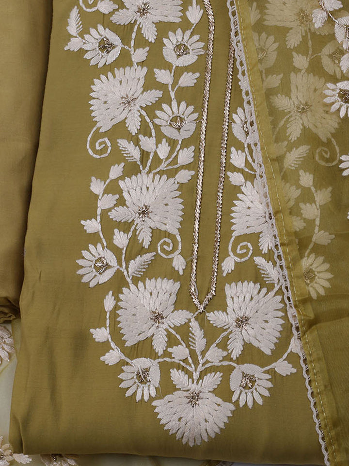 Neck Embroidered Chanderi Unstitched Suit With Dupatta