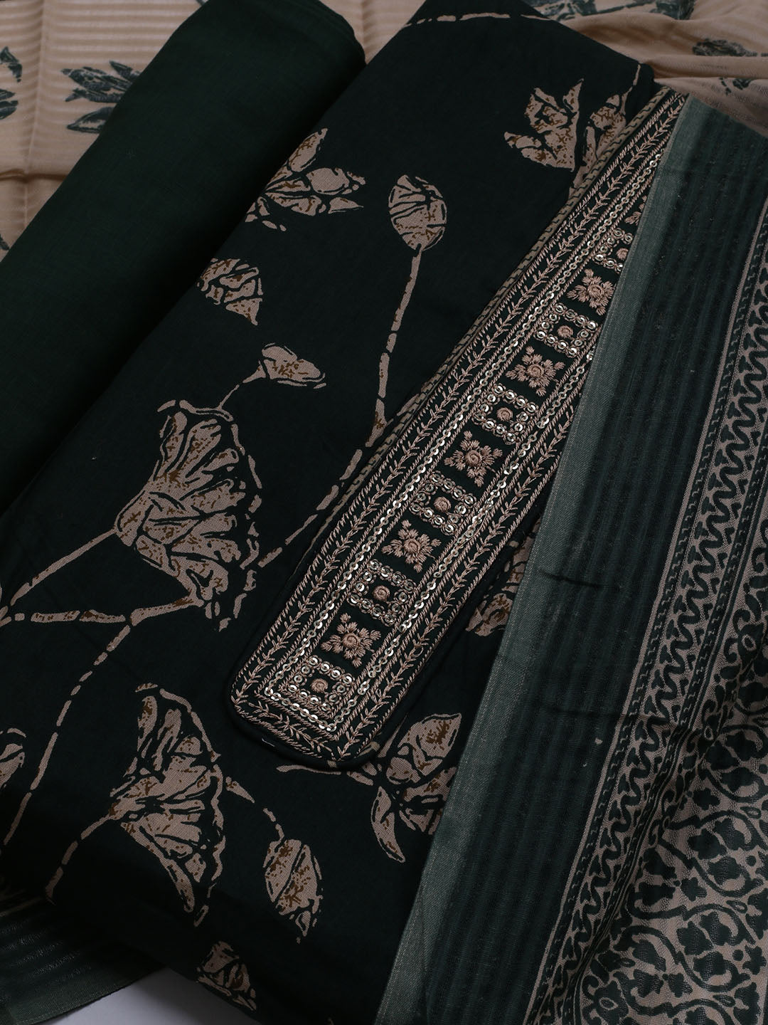 Patch Neck Cotton Blend Unstitched Suit With Dupatta