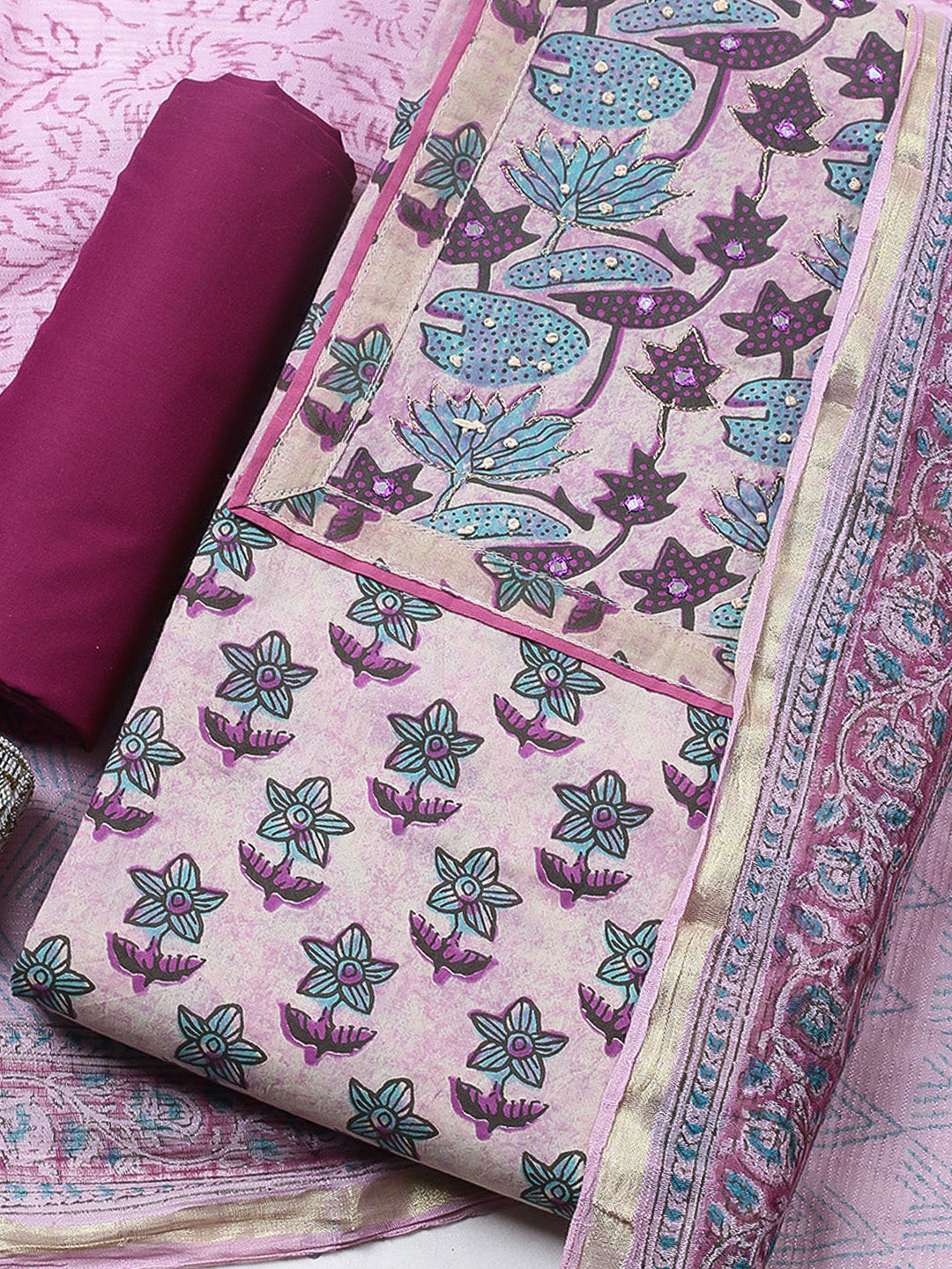 Printed Cotton Blend Unstitched Suit With Pant &amp; Dupatta