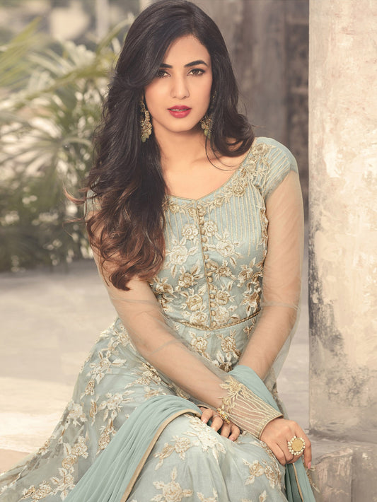 Resham Zari Work Net Semi Stitched Suit