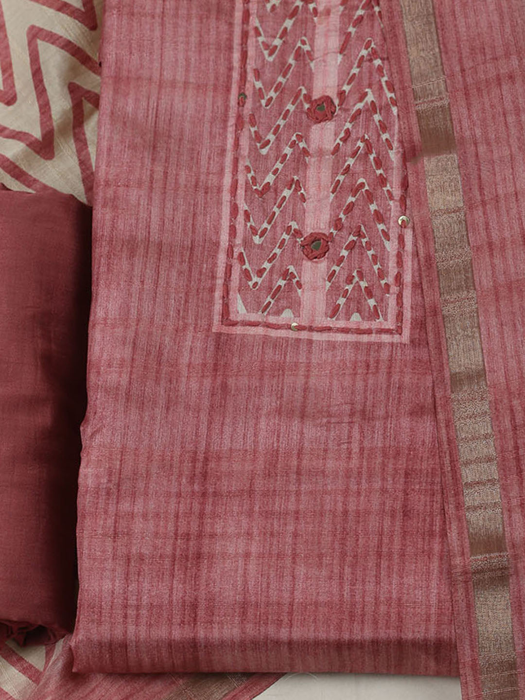 Embroidered Chanderi Unstitched Kurta With Pant &amp; Dupatta