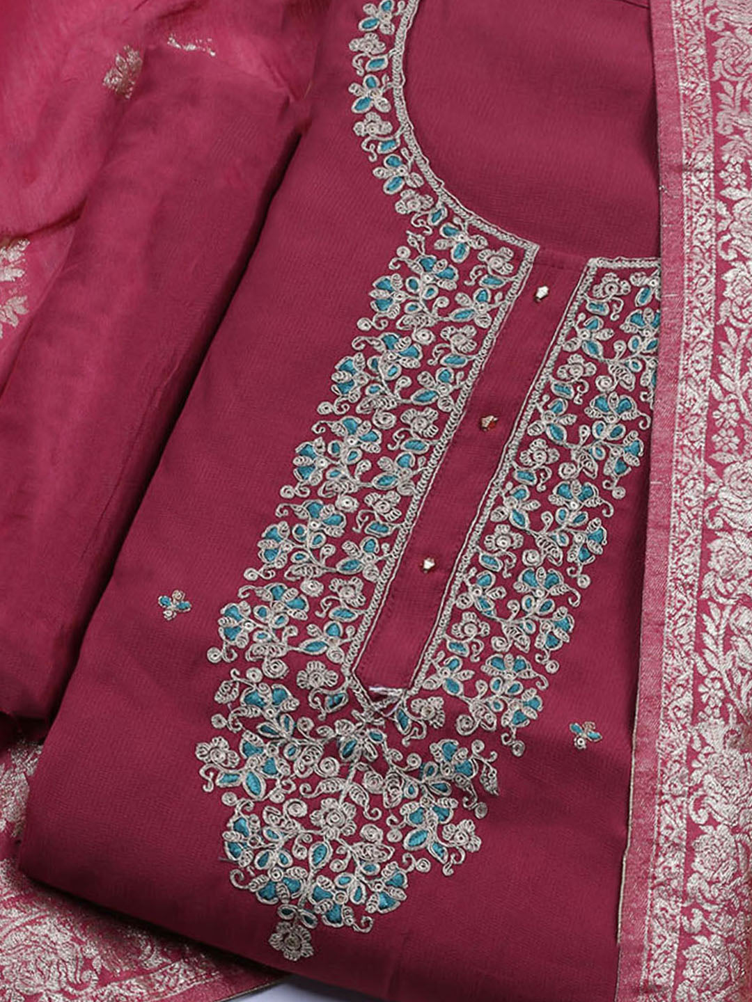 Neck Embroidered Cotton Blend Unstitched Suit With Dupatta