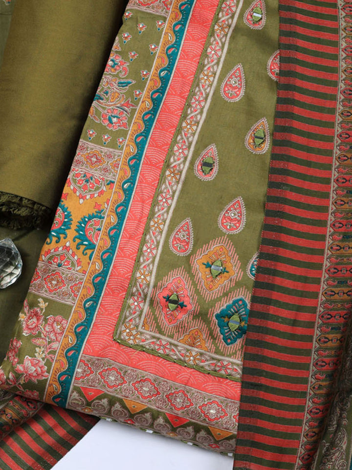 Printed Cotton Blend Unstitched Suit With Pant &amp; Dupatta