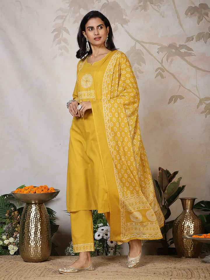 Printed Cotton Blend Kurta With Pants &amp; Dupatta