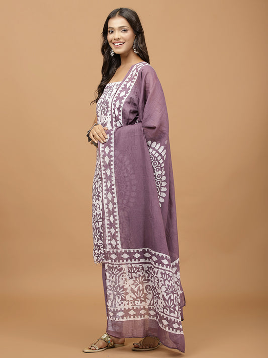 Printed Cotton Blend Unstitched Suit With Dupatta