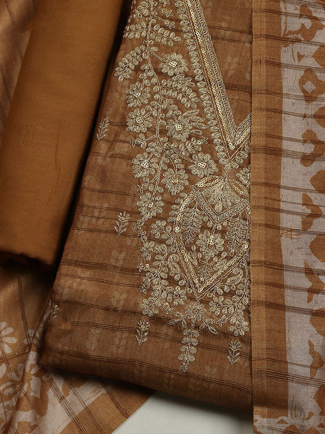 Neck Embroidered Chanderi Unstitched Suit With Dupatta