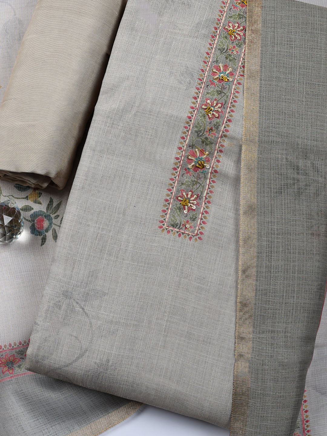 Embroidered Linen Blend Unstitched Suit With Pant Dupatta