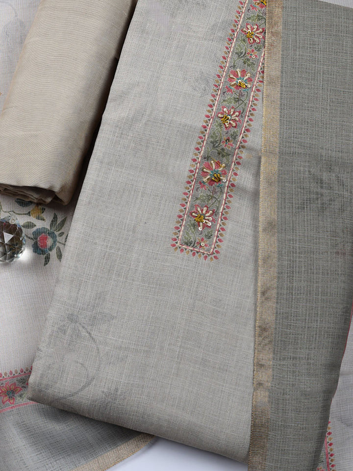Embroidered Linen Blend Unstitched Suit With Pant Dupatta