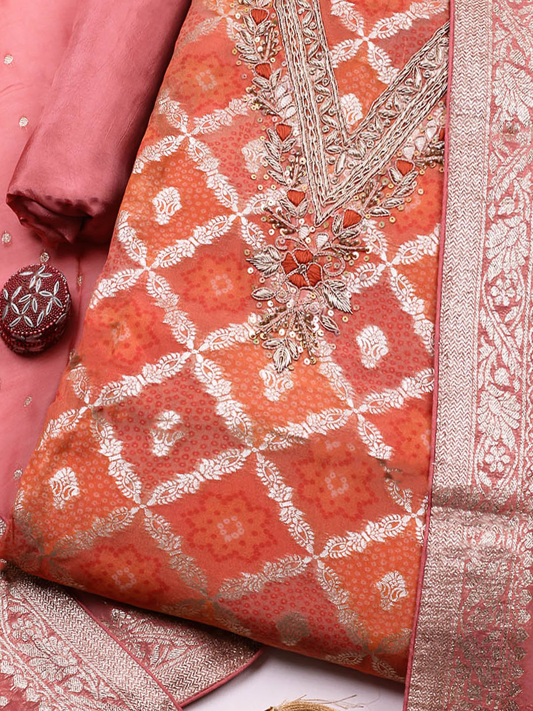 Embroidered Chanderi Unstitched Suit With Pant &amp; Dupatta