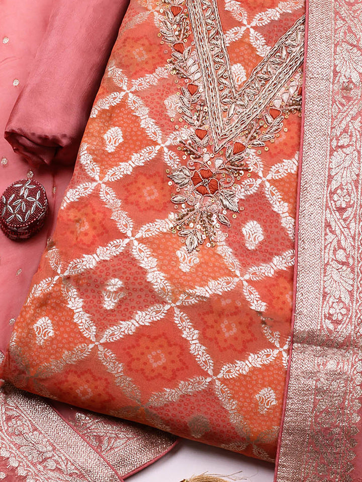 Embroidered Chanderi Unstitched Suit With Pant &amp; Dupatta