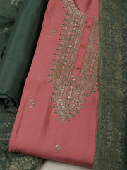 Embroidered Chanderi Pink Unstitched Suit With Pant & Dupatta