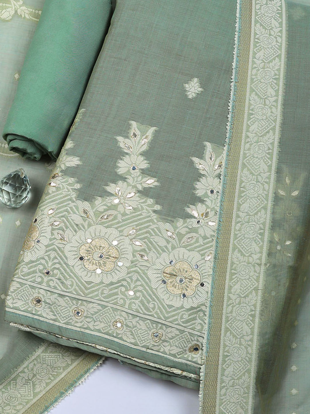 Embroidered Linen Blend Unstitched Suit With Pant &amp; Dupatta