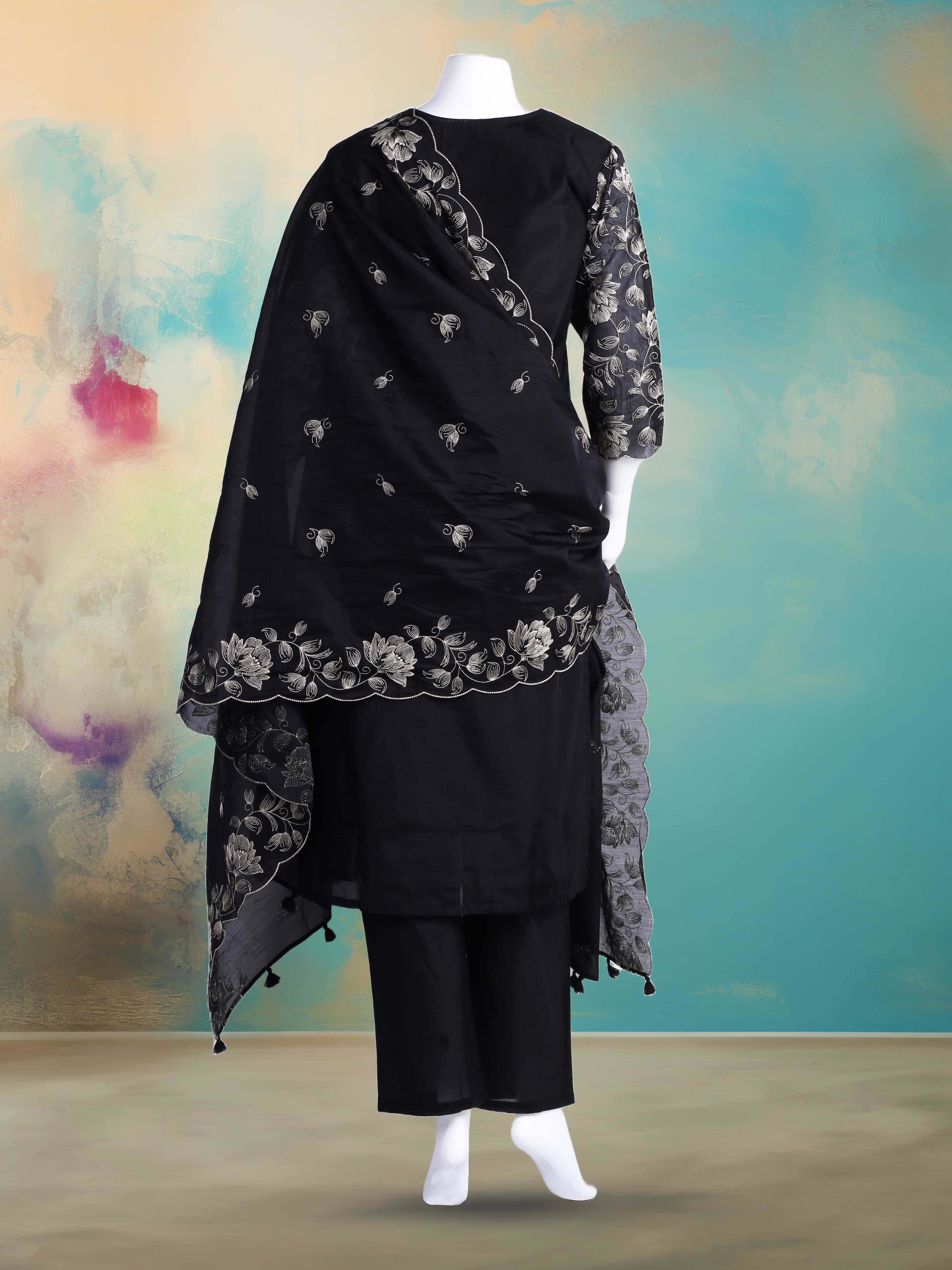 Embroidered Chanderi Kurta With Pant & Dupatta