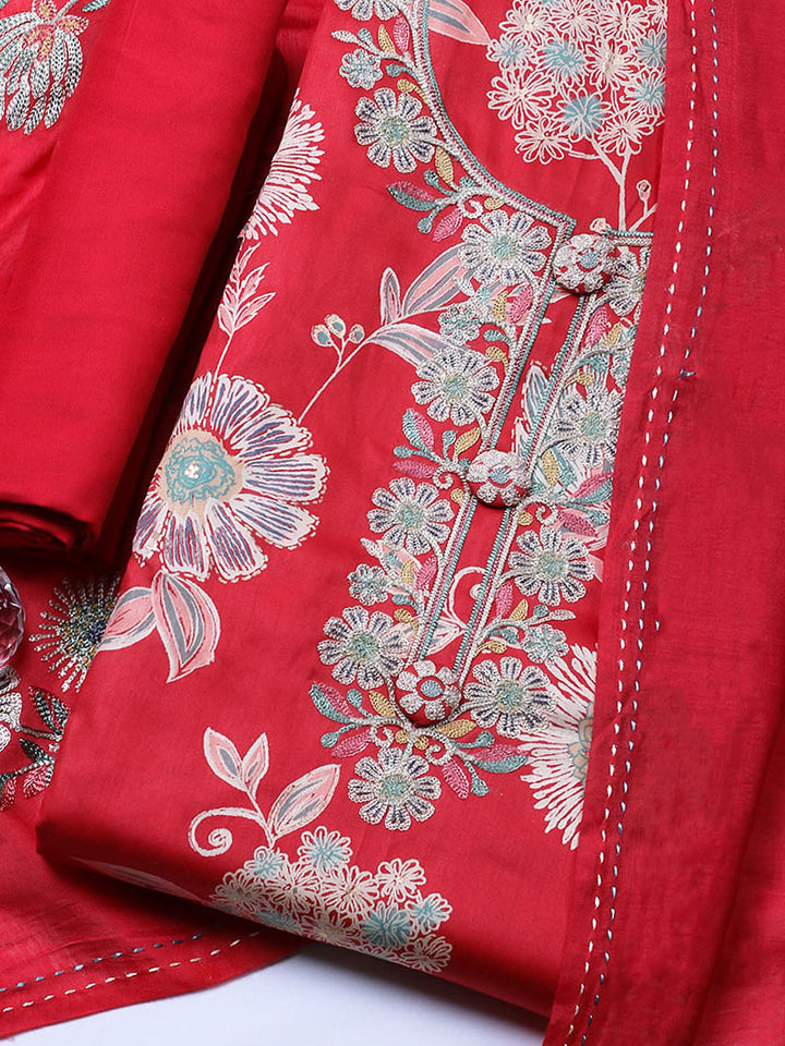 Embroidered Cotton Blend Unstitched Suit With Pant &amp; Dupatta