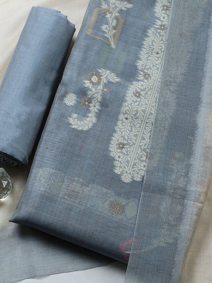 Printed Chanderi Unstitched Suit With Pant &amp; Dupatta