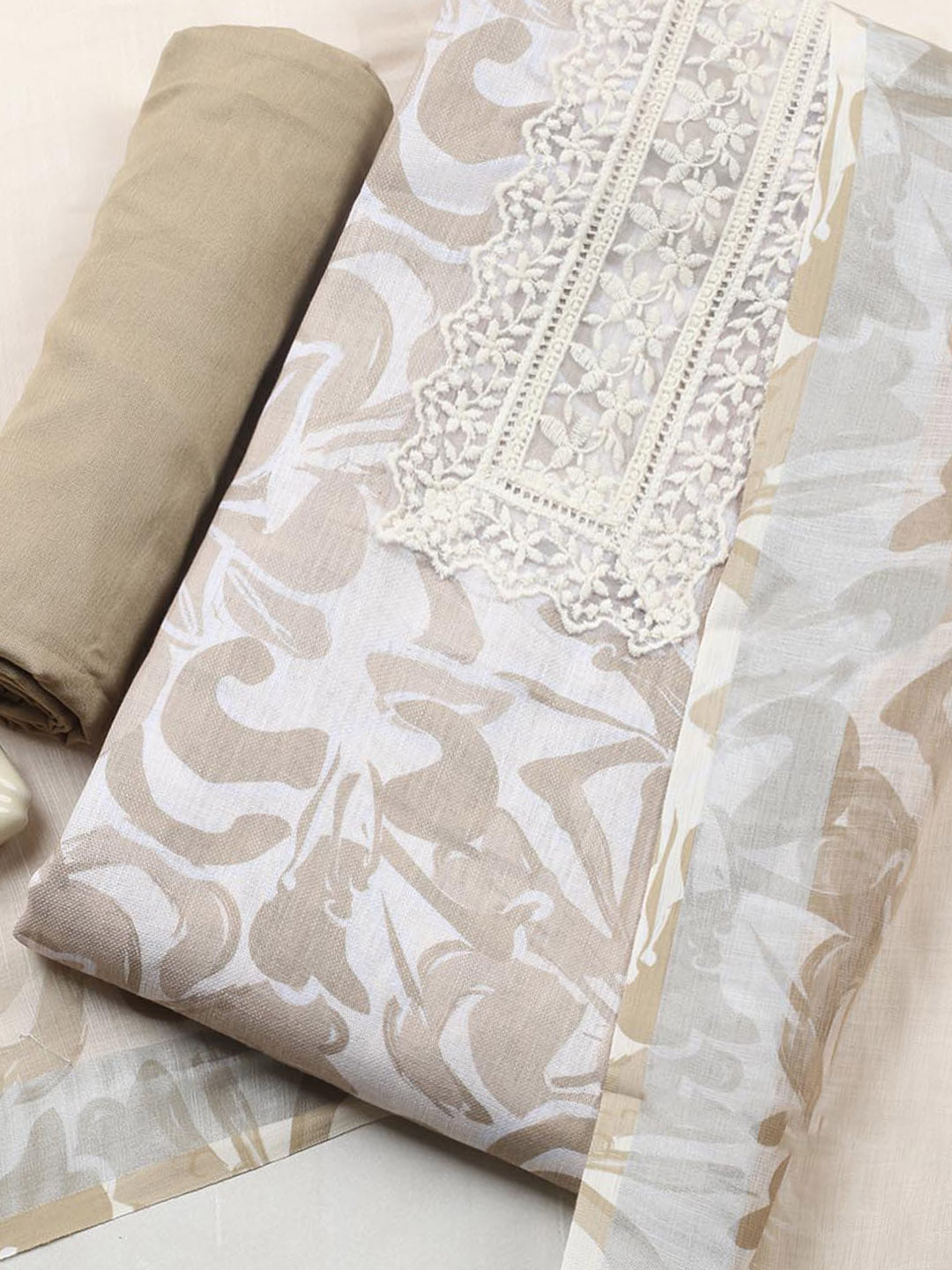 Embroidered Linen Blend Unstitched Suit With Pant &amp; Dupatta