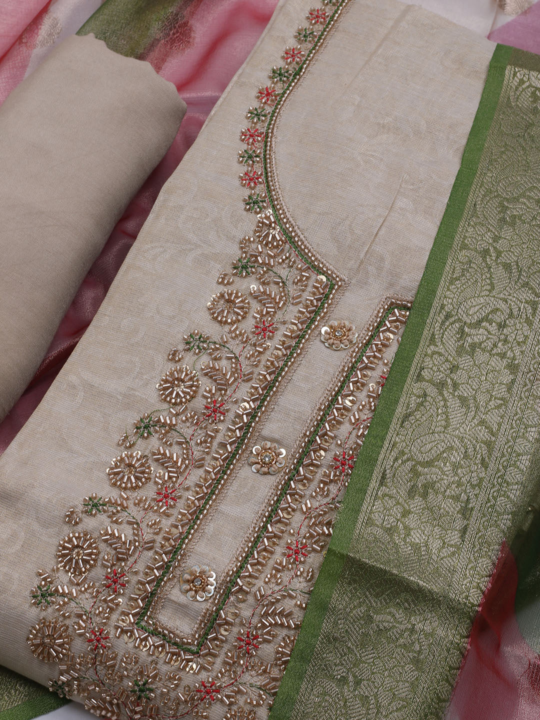 Neck Embroidered Tissue Unstitched Suit With Dupatta