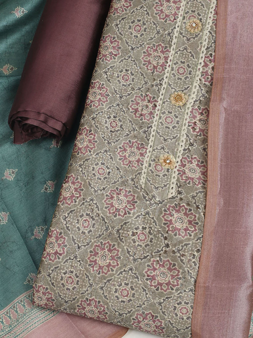 Printed Cotton Unstitched Suit With Pant &amp; Dupatta