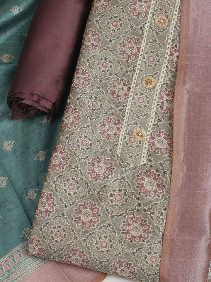 Printed Cotton Unstitched Suit With Pant &amp; Dupatta