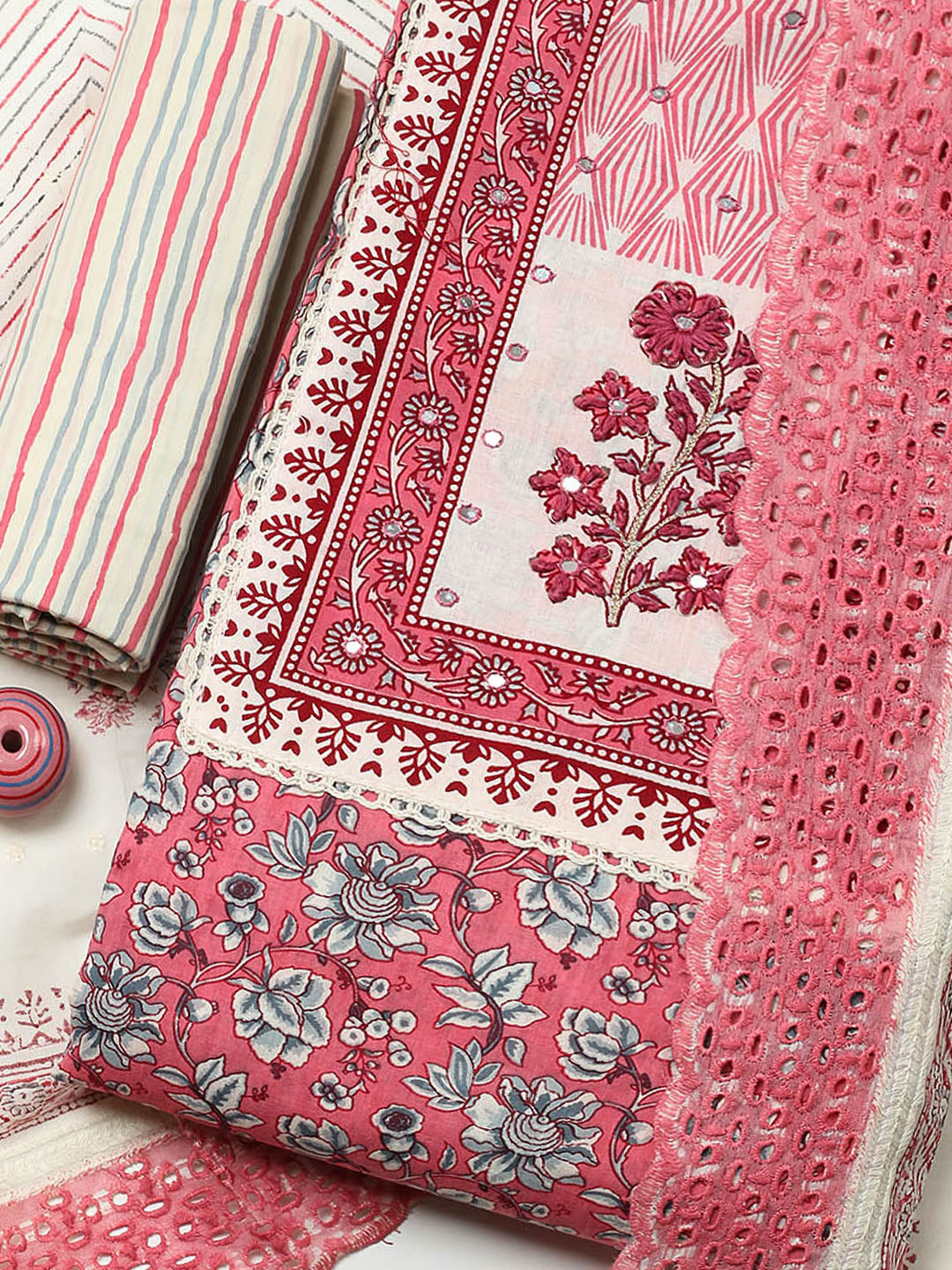 Printed Cotton Blend Unstitched Suit With Pant &amp; Dupatta