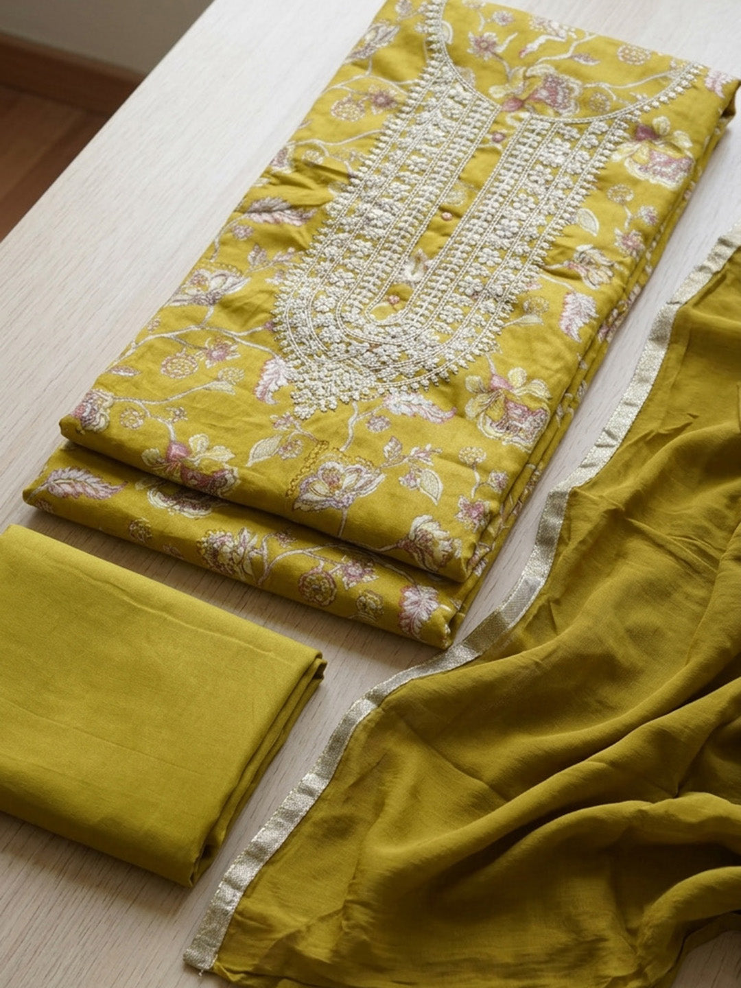Embroidered Cotton Blend Unstitched Suit With Pant &amp; Dupatta